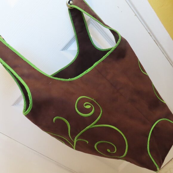 Handmade Deep Forest Green Suede Bag w/yellow green/gold twirly design stitching - Picture 4 of 7